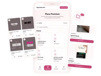 Preview do Figurinhas Pro mostrando o app com figurinhas, pastas e templates prontos para usar