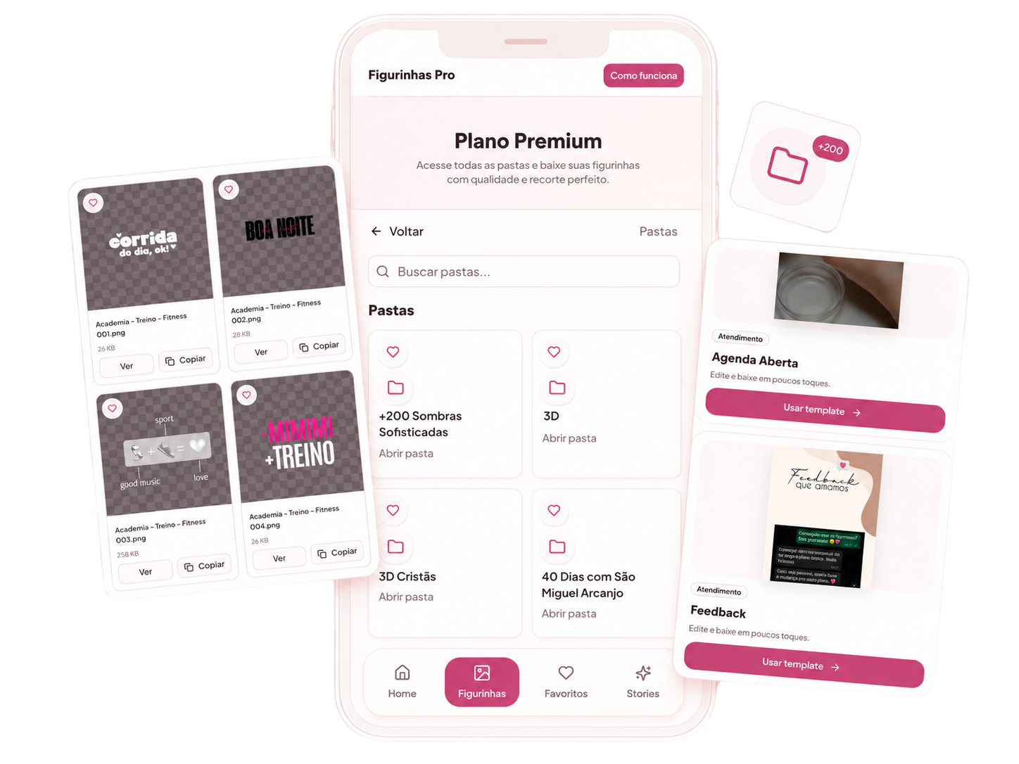Preview do Figurinhas Pro mostrando o app com figurinhas, pastas e templates prontos para usar
